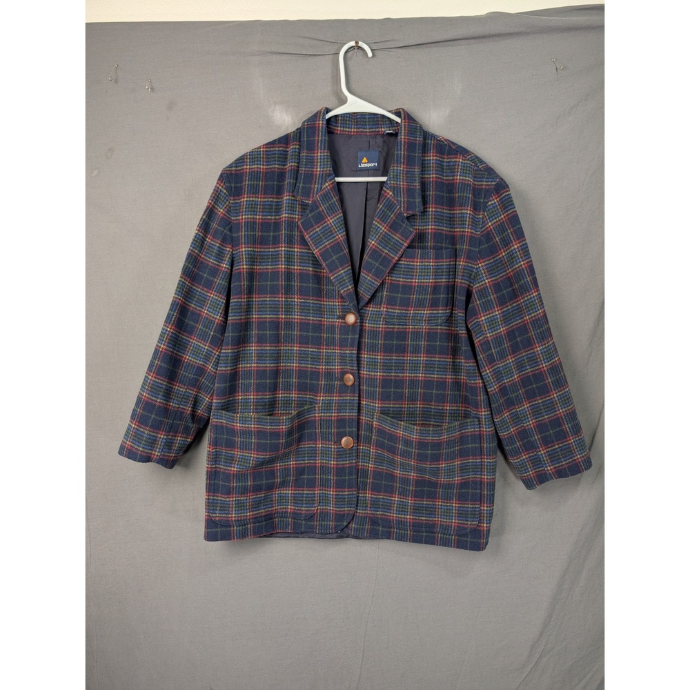 Lizsport Vintage Plaid Wool Blend Blazer Blue Green Red Medium 7143